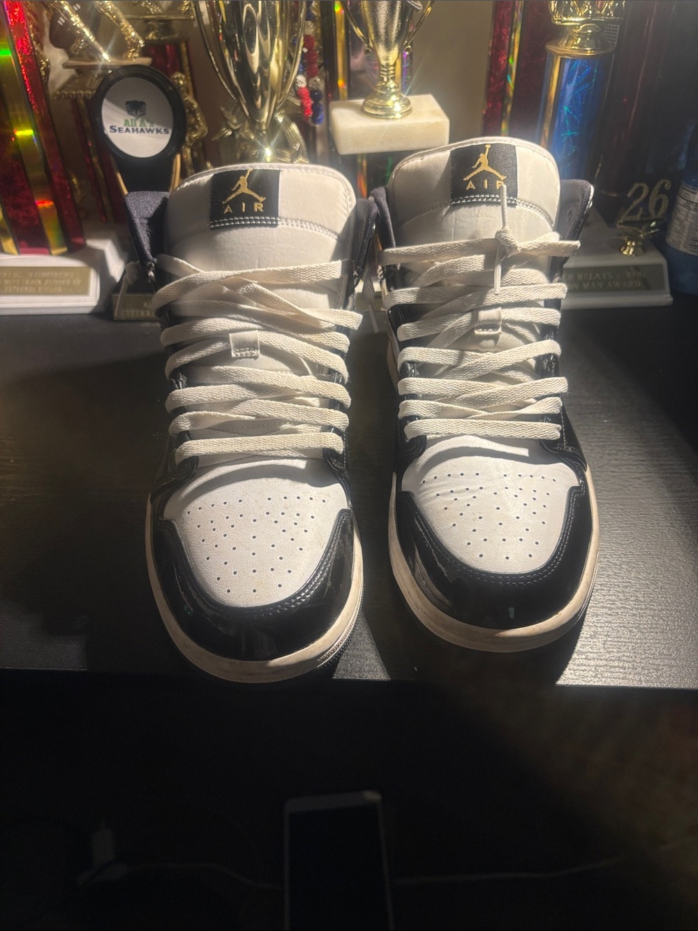 Jordan Kids High-Top Sneakers in White and Black with Gold Jumpman